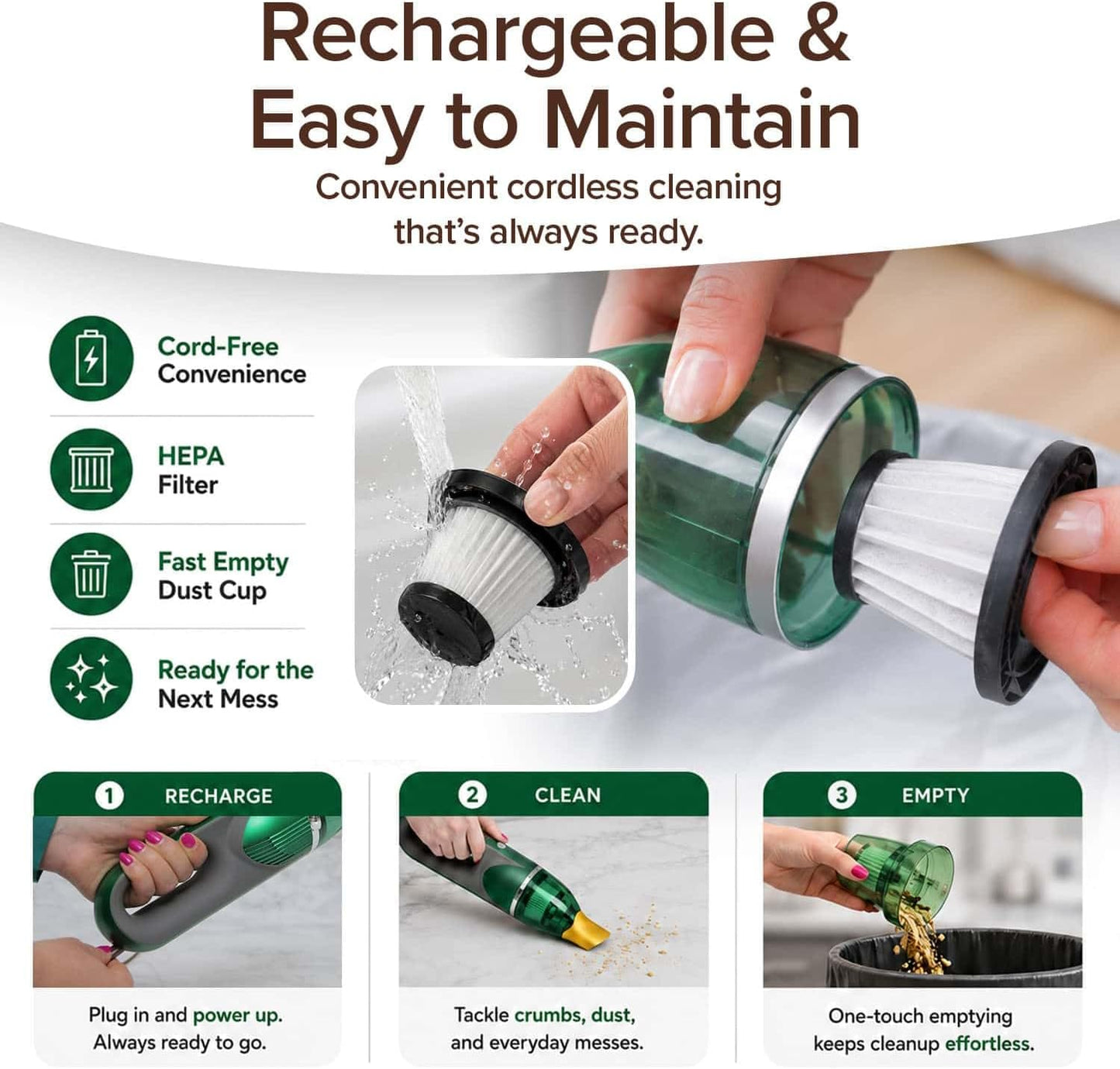 A person recharges, cleans, and empties the Quack Attack handheld cordless vacuum with a HEPA filter. Icons highlight its cord-free convenience, advanced HEPA filtration, quick-empty feature, and easy maintenance—making it perfect as a pet hair cleaner—with clear text instructions and images for guidance.
