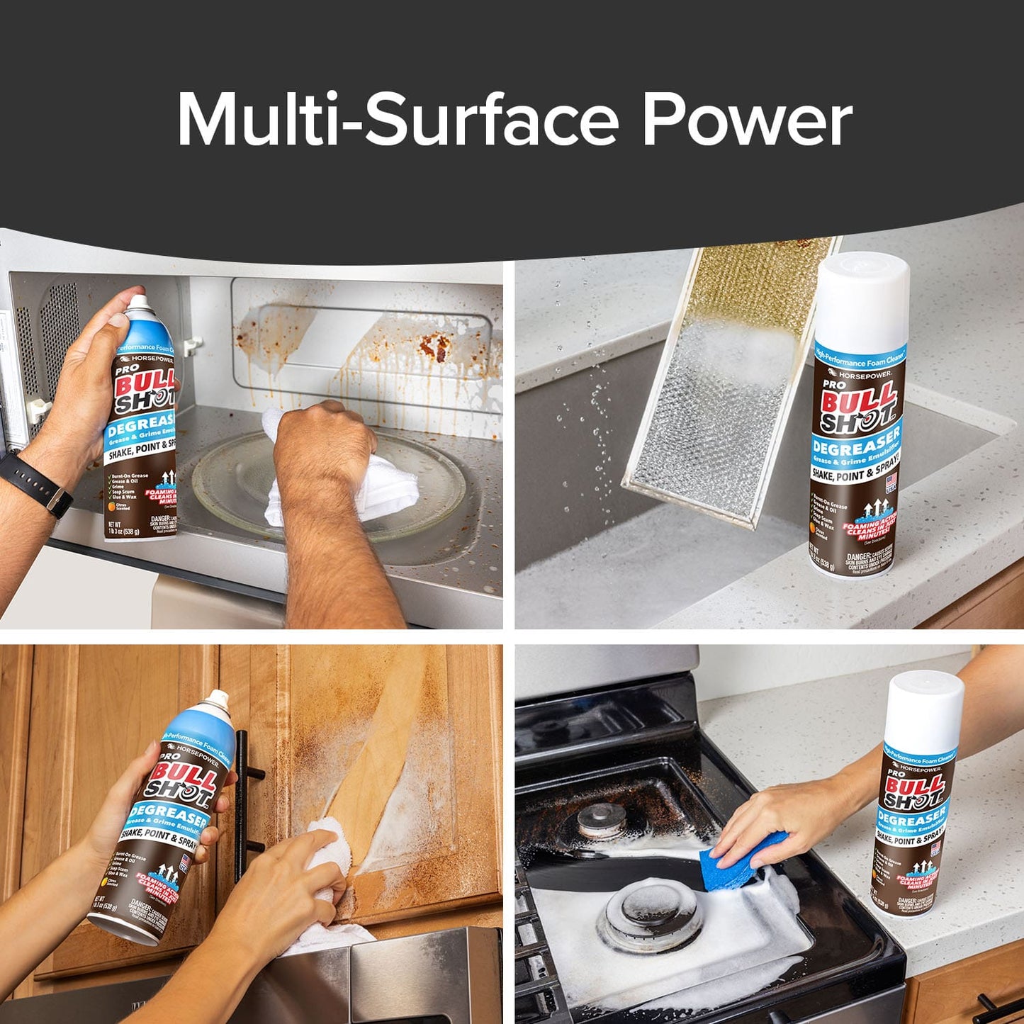 A collage shows Horsepower Bull Shot Degreaser spray used as a powerful kitchen cleaner on microwaves, range hood filters, cabinets, and stovetops. People easily wipe away grease. Text above reads: “Multi-Surface Power.”.