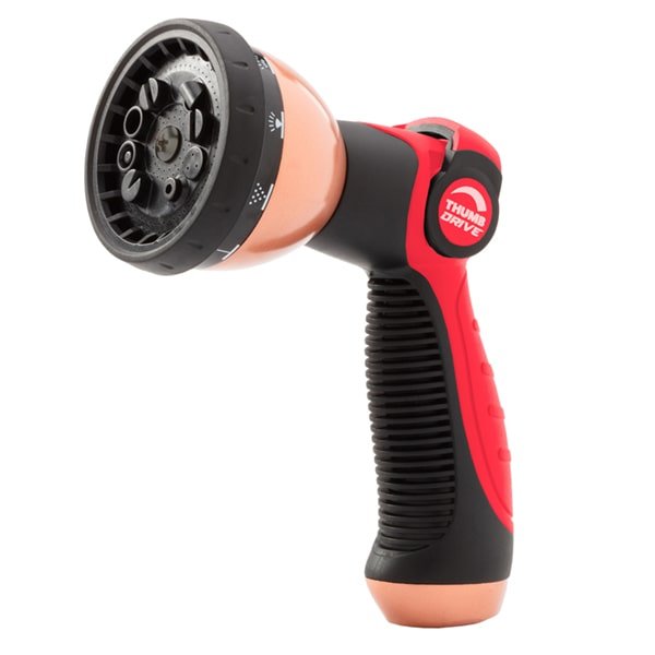 The Copper Head 10-Pattern Sprayer is a handheld garden hose nozzle in black and red, featuring an adjustable spray head and a grip labeled Thumb Drive.