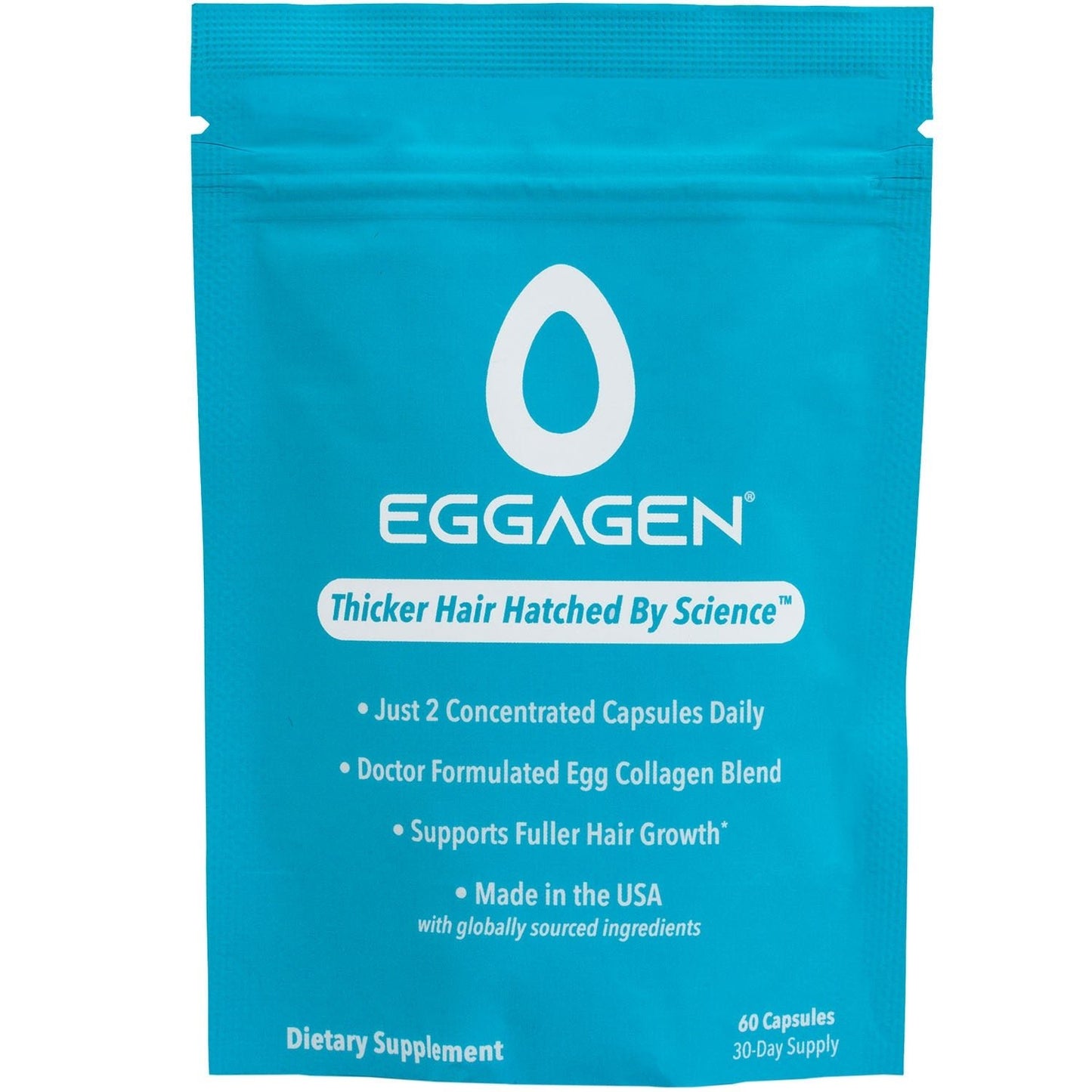 blue package of Eggagen supplement 60 capsules 30 day supply for thicker hair doctor formulated ehh collagen blend