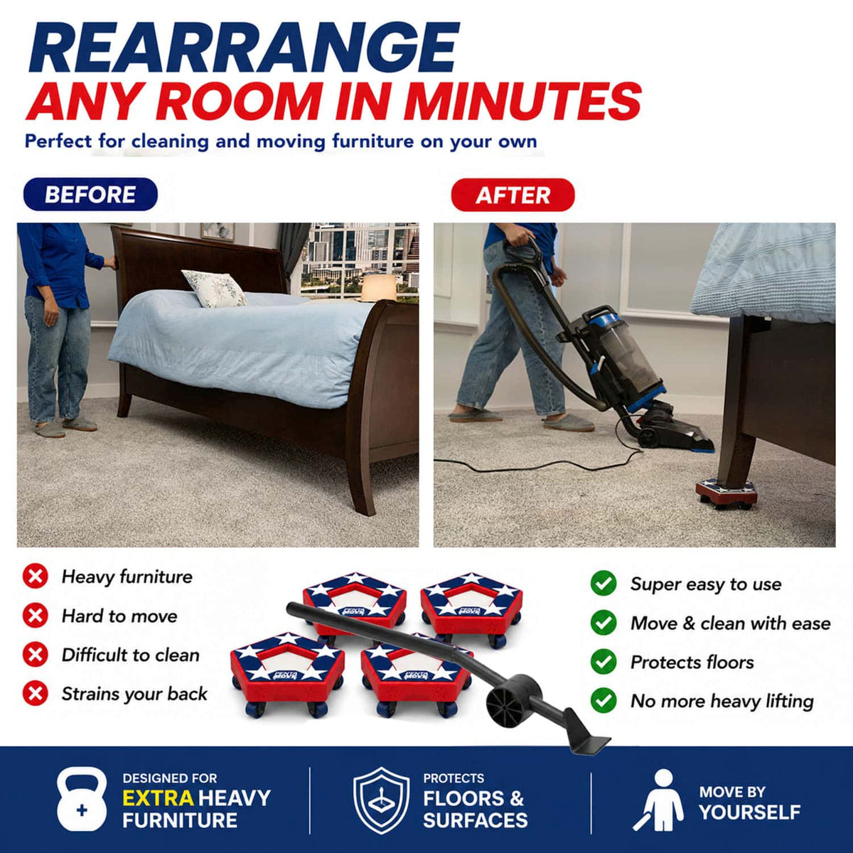Here's the sentence rewritten using the product data: Comparison of moving a heavy bed by lifting vs. easily sliding it with Penta Move red and blue furniture sliders; the benefits and features of this innovative furniture moving tool are highlighted, making it simple and efficient to move heavy furniture without straining your back.