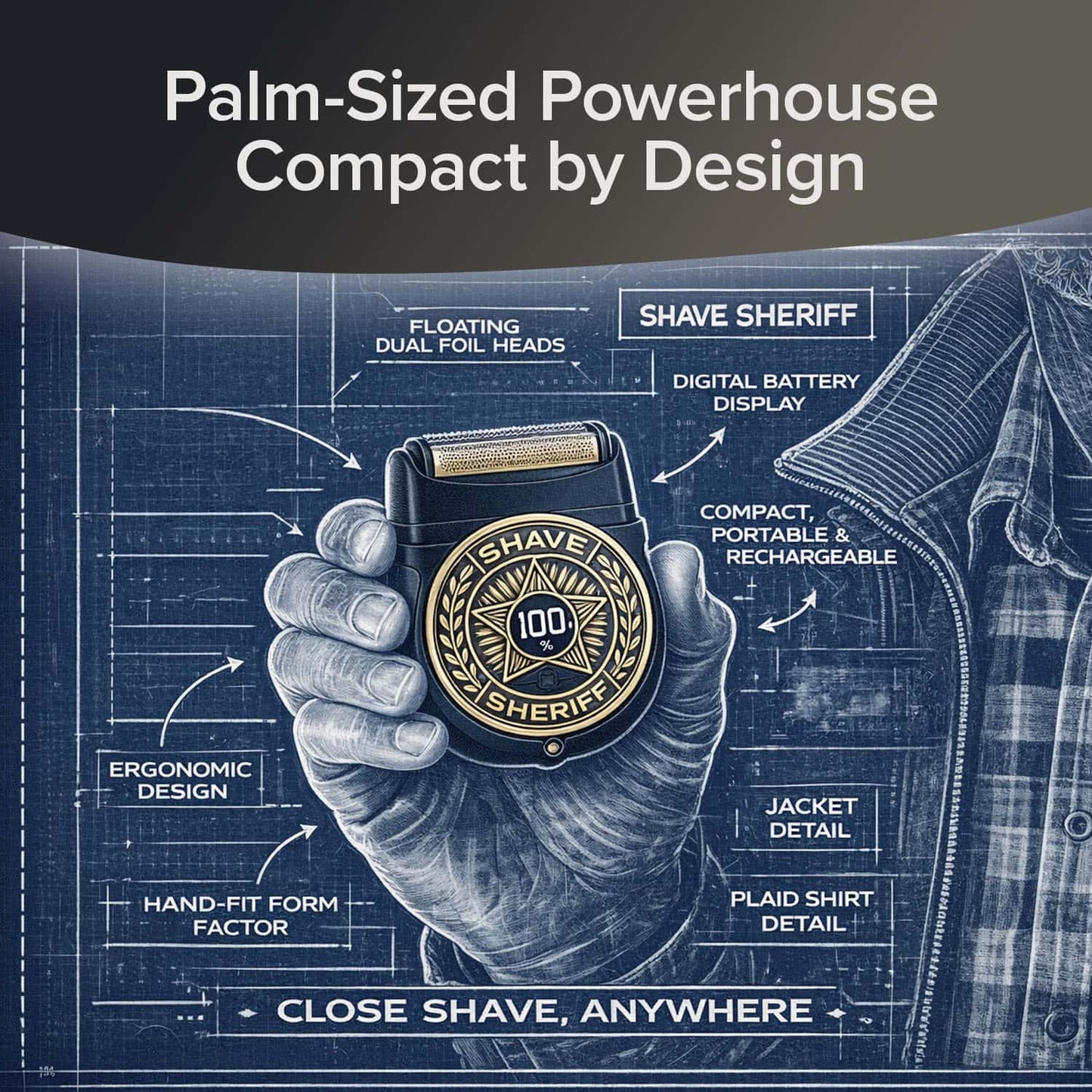 A hand holds the Shave Sheriff, a compact electric shaver featuring dual foil heads, an ergonomic grip, a clear battery display, and distinctive plaid shirt accents—showcased with blueprint-style graphics—all in a waterproof and cordless design for effortless grooming on the go.