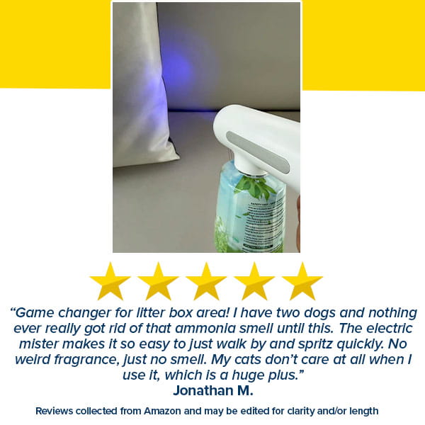 A hand holds the Blue Light Spray Pet Odor Eliminator, misting a cleaning solution onto a pillow to demonstrate its powerful pet odor removal capabilities. Praised in a 5-star review by Jonathan M. for its effectiveness around litter box areas, this product uses advanced blue light technology to enhance the cleaning process.