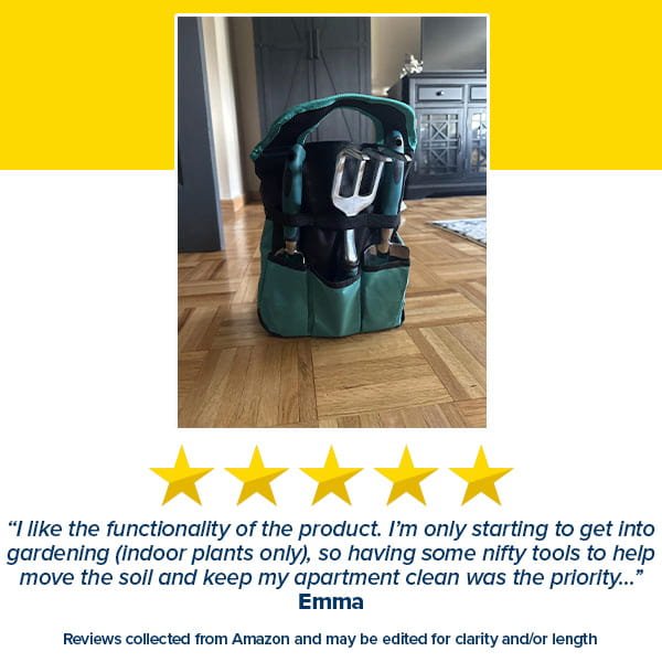 The 7 Piece Gardening Tool Set, stored in a green tool bag, rests on a wooden floor. Below it, Emma’s five-star review praises its functionality for indoor gardening.