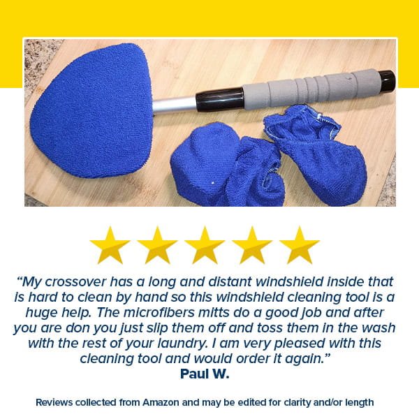 A blue Car Windshield Cleaner with a long handle and three microfiber pads rests on a counter. Paul W. gives it five stars for effective, streak-free window cleaning and easy use.