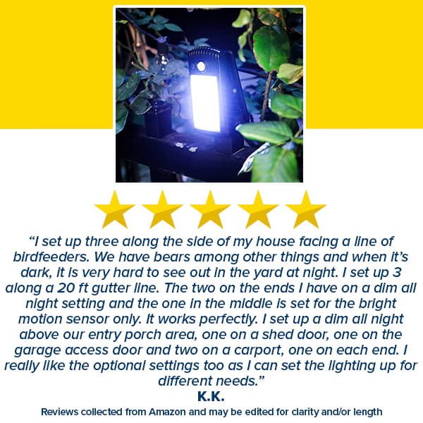 A review image features Clip On Outdoor Solar Lights (Pack of 2) mounted among leaves, displaying a five-star rating and a testimonial praising their adjustable settings and motion sensor for illuminating a home with birdfeeders.