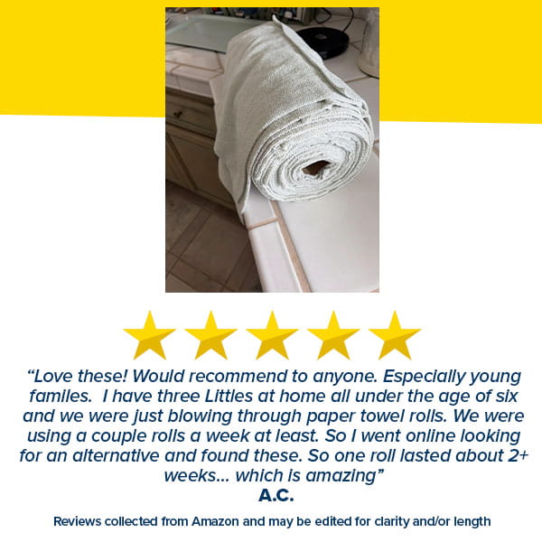 A rolled white Reusable Microfiber Cleaning Towel (from the 75-pack) sits on a kitchen counter. Below, A.C.’s five-star review praises these eco-friendly towels for lasting over two weeks in a busy home with three young kids.