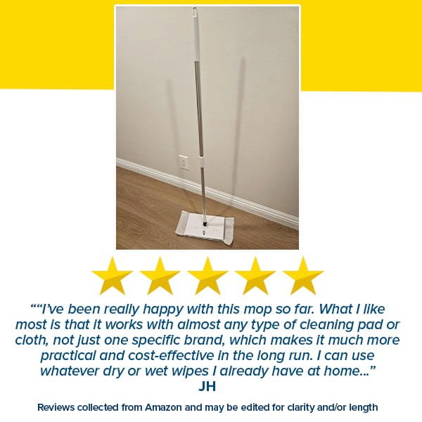 A Tap Mop in white stands hands-free against a beige wall on a wooden floor. Below are five gold stars and a positive customer review highlighting its versatility, cost-effectiveness, Swiffer compatible design, and its ability to use various wipes.