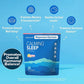 Blue package of Calming Sleep (Includes 30 Packs) supplement featuring white text and icons on a blue background, highlighting benefits such as support for memory, concentration, healthy cortisol levels, hormonal balance, and overall well-being. Contains Magnesium Glycinate and Ashwagandha.