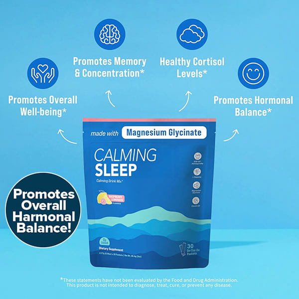 Blue package of Calming Sleep (Includes 30 Packs) supplement featuring white text and icons on a blue background, highlighting benefits such as support for memory, concentration, healthy cortisol levels, hormonal balance, and overall well-being. Contains Magnesium Glycinate and Ashwagandha.