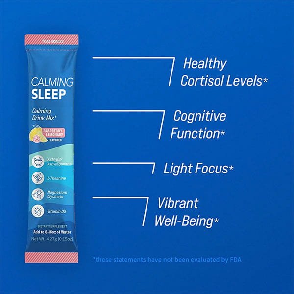 A box of Calming Sleep (Includes 30 Packs) in raspberry lemonade flavor is displayed. The packaging highlights benefits such as healthy cortisol levels, enhanced cognitive function, light focus, and vibrant well-being—all supported by soothing ingredients like magnesium glycinate and ashwagandha.