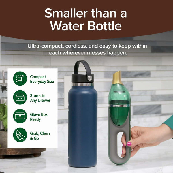 A hand holds the Quack Attack handheld vacuum next to a water bottle on a kitchen counter, highlighting its compact size. Key features of this cordless vacuum are displayed on the left.