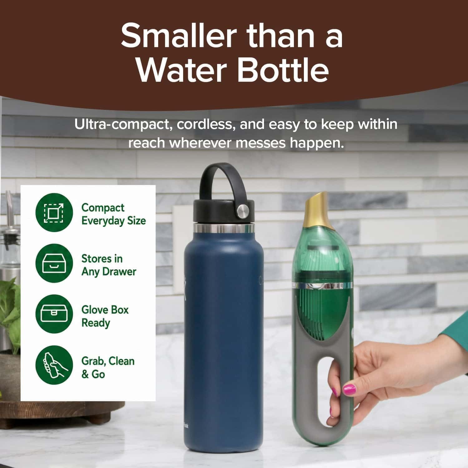 A hand holds the Quack Attack handheld vacuum next to a water bottle on a kitchen counter, highlighting its compact size. Key features of this cordless vacuum are displayed on the left.