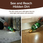 Using the Quack Attack cordless handheld vacuum with LED lights, a person cleans dirt near a couch and picks up crumbs from the kitchen floor, demonstrating its slim nozzle for tight spaces and impressive pet hair removal.