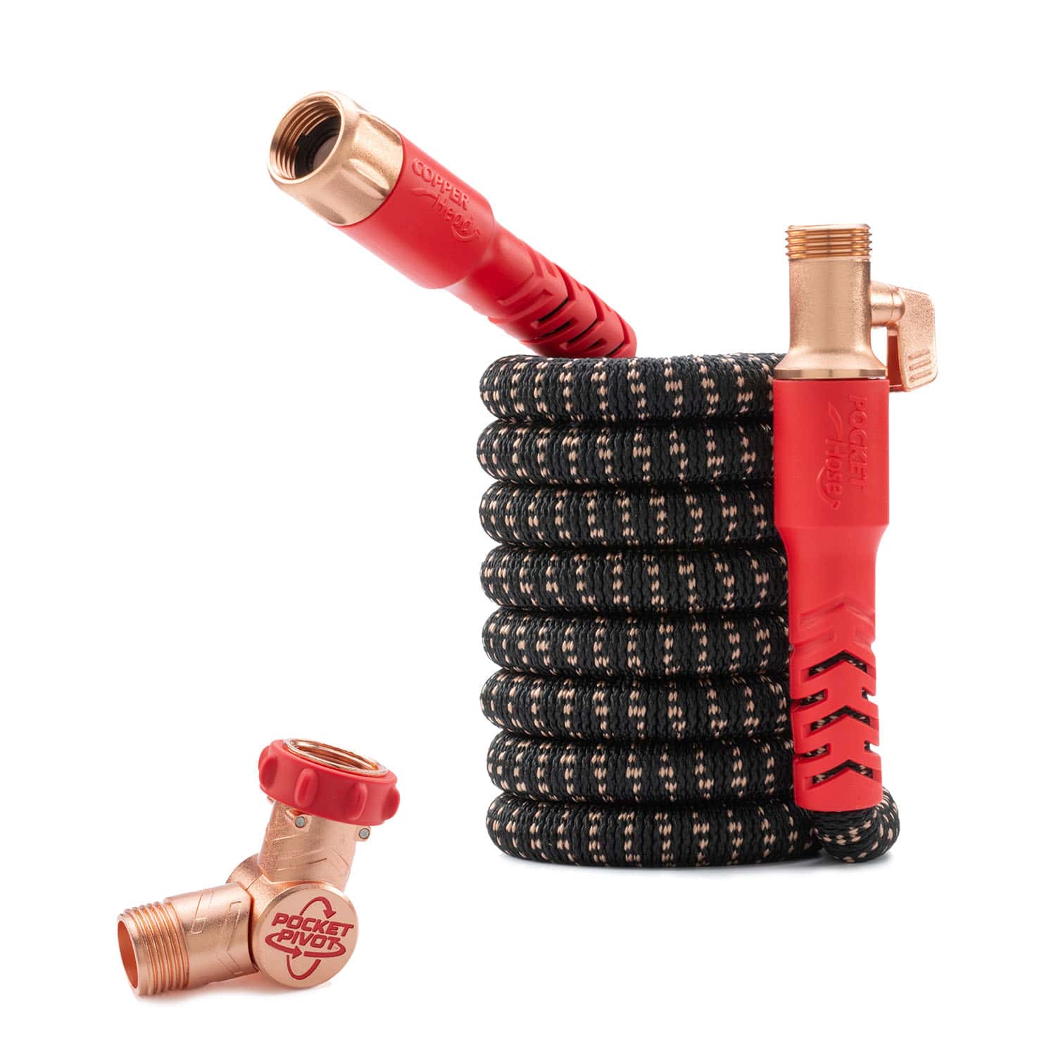 A coiled black and gray Pocket Hose Copper Head with red metal fittings stands upright, highlighting its kink-free and leak-resistant design. Nearby, a matching red and copper nozzle rests on the white background.