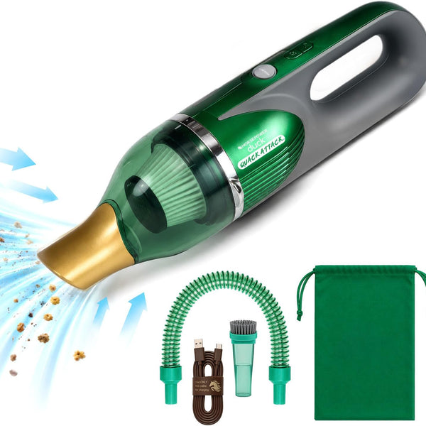 The Quack Attack green cordless handheld vacuum, featuring a gold nozzle, efficiently sucks up debris with clearly visible airflow. Perfect as a pet hair cleaner, it comes complete with a USB charging cable, flexible hose, brush attachment, nozzle, and a matching green drawstring storage bag.