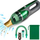 The Quack Attack green cordless handheld vacuum, featuring a gold nozzle, efficiently sucks up debris with clearly visible airflow. Perfect as a pet hair cleaner, it comes complete with a USB charging cable, flexible hose, brush attachment, nozzle, and a matching green drawstring storage bag.