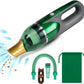 The Quack Attack green cordless handheld vacuum, featuring a gold nozzle, efficiently sucks up debris with clearly visible airflow. Perfect as a pet hair cleaner, it comes complete with a USB charging cable, flexible hose, brush attachment, nozzle, and a matching green drawstring storage bag.