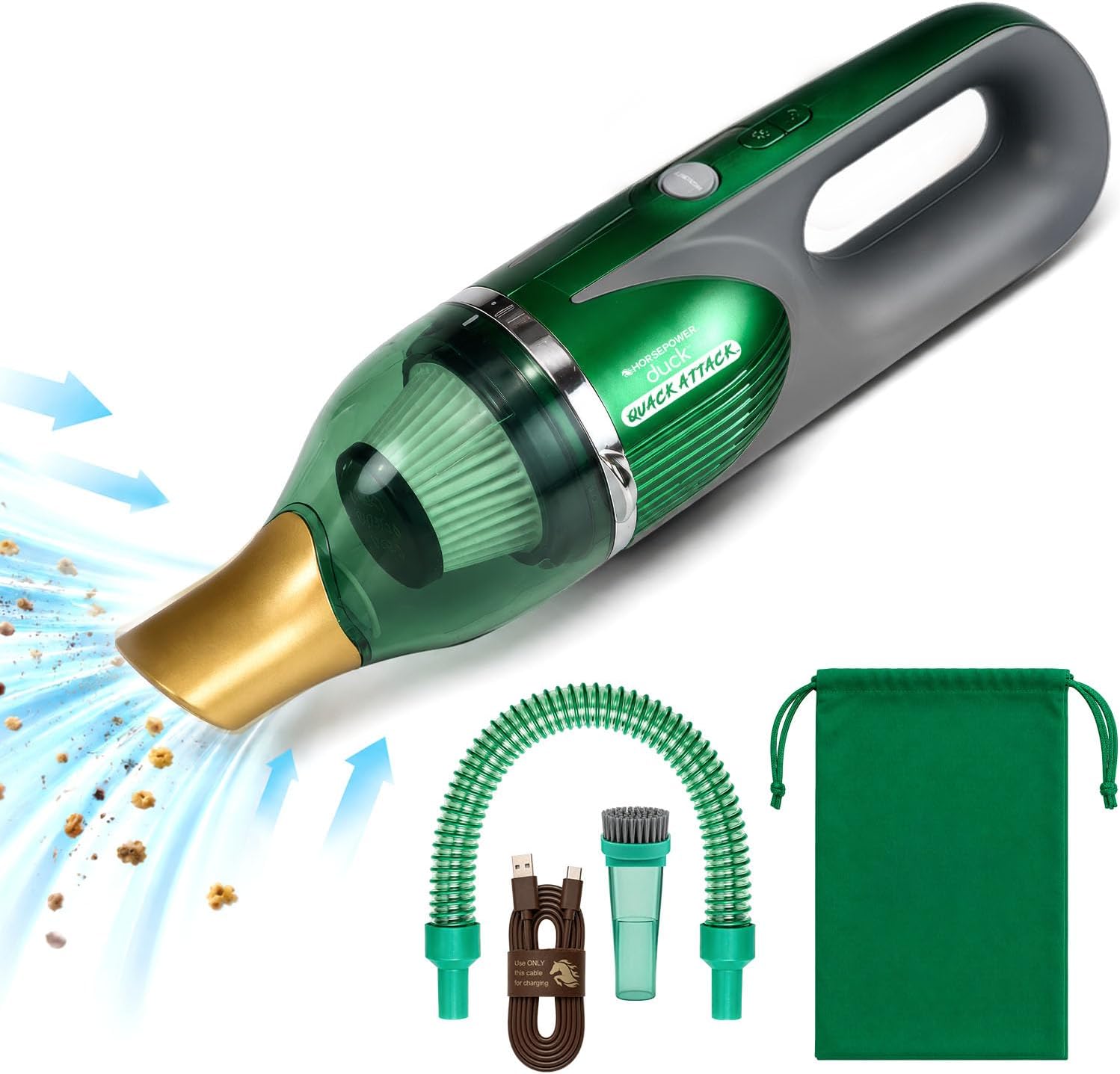 The Quack Attack green cordless handheld vacuum, featuring a gold nozzle, efficiently sucks up debris with clearly visible airflow. Perfect as a pet hair cleaner, it comes complete with a USB charging cable, flexible hose, brush attachment, nozzle, and a matching green drawstring storage bag.