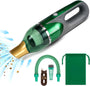 The Quack Attack green cordless handheld vacuum, featuring a gold nozzle, efficiently sucks up debris with clearly visible airflow. Perfect as a pet hair cleaner, it comes complete with a USB charging cable, flexible hose, brush attachment, nozzle, and a matching green drawstring storage bag.