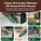 Collage featuring the Quack Attack green cordless handheld vacuum tackling a sofa, pet bed, spilled cereal, and rug. Text emphasizes its power for removing pet hair and cleaning kitchen crumbs, upholstery, carpets, and pet beds. Icons highlight its effectiveness on sofas, kitchens, and carpets.