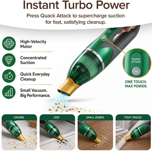 Introducing Quack Attack, the green handheld vacuum designed to tackle crumbs, dirt, pet hair, and small debris. Infographics emphasize its high-velocity motor and concentrated suction for powerful cleaning, a cordless design for easy portability, and compact size perfect for tight spaces.