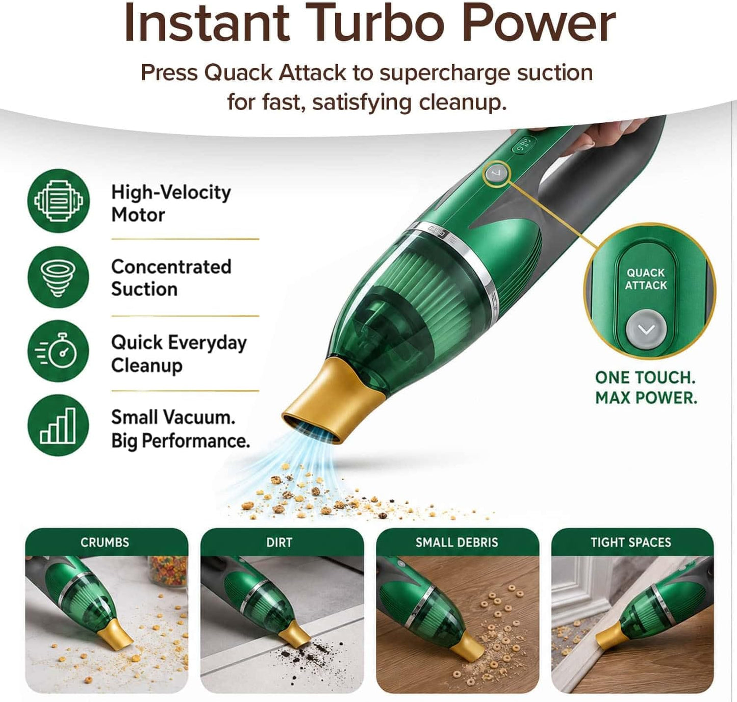 Introducing Quack Attack, the green handheld vacuum designed to tackle crumbs, dirt, pet hair, and small debris. Infographics emphasize its high-velocity motor and concentrated suction for powerful cleaning, a cordless design for easy portability, and compact size perfect for tight spaces.