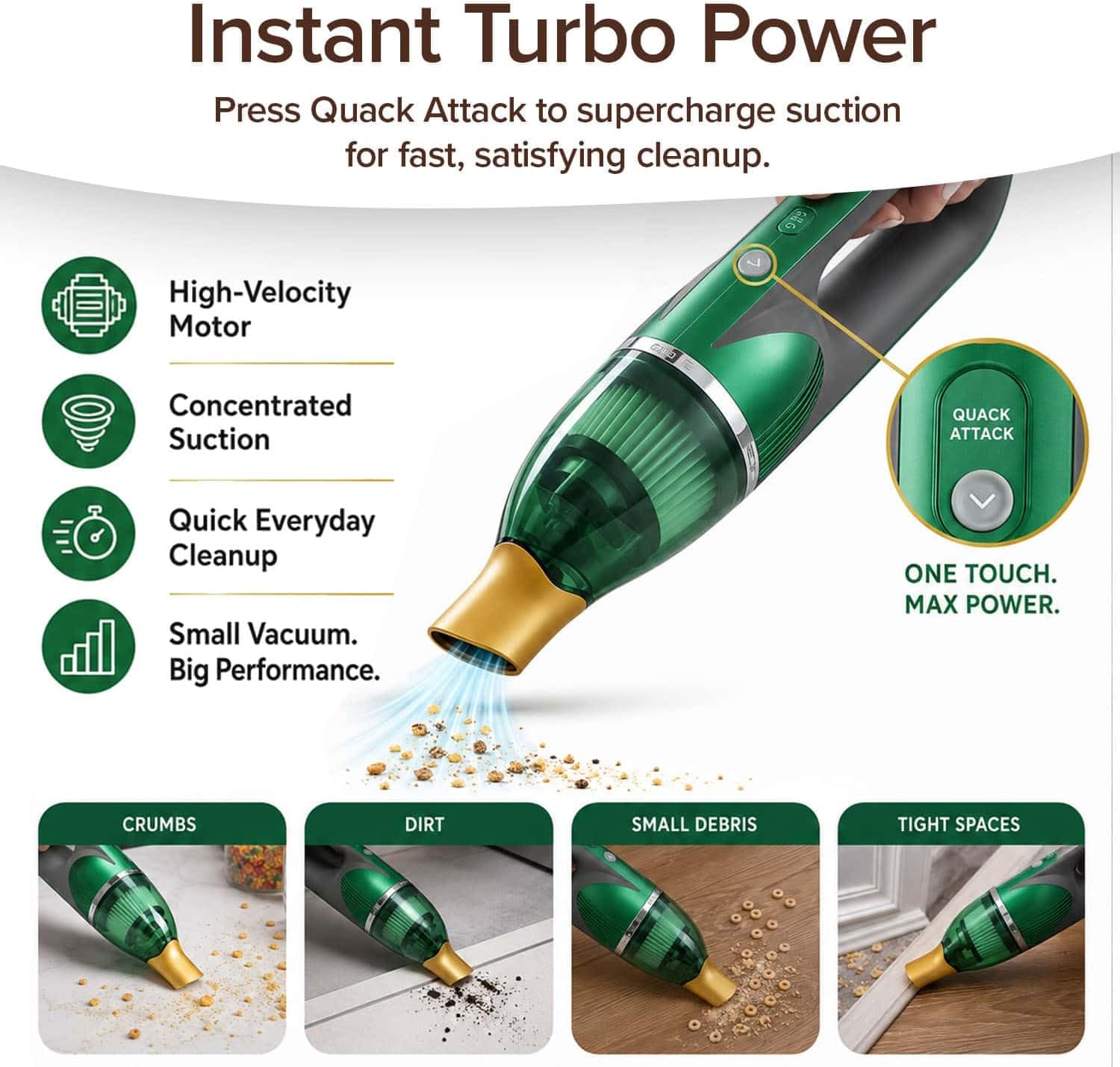 Introducing Quack Attack, the green handheld vacuum designed to tackle crumbs, dirt, pet hair, and small debris. Infographics emphasize its high-velocity motor and concentrated suction for powerful cleaning, a cordless design for easy portability, and compact size perfect for tight spaces.