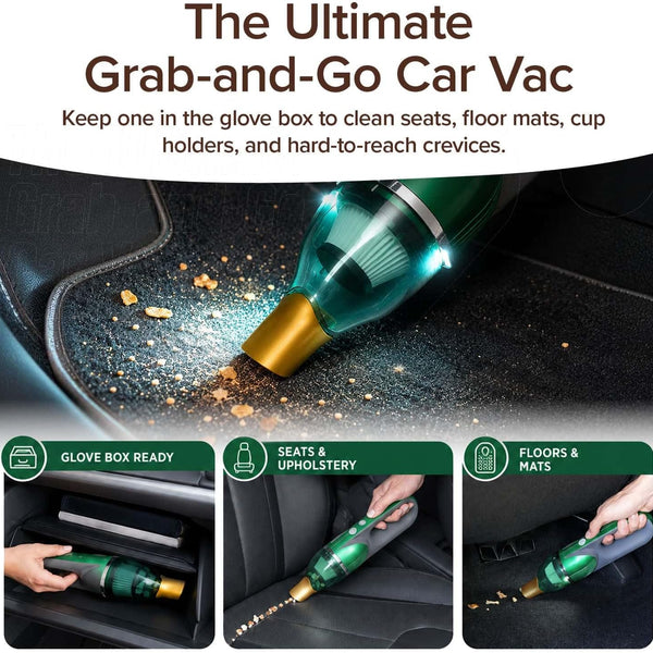 The Quack Attack handheld vacuum quickly picks up crumbs and pet hair from car seats, upholstery, floors, and mats—including the glove box. Text highlights Quack Attack as the ultimate grab-and-go cordless vacuum for cars.