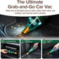 The Quack Attack handheld vacuum quickly picks up crumbs and pet hair from car seats, upholstery, floors, and mats—including the glove box. Text highlights Quack Attack as the ultimate grab-and-go cordless vacuum for cars.