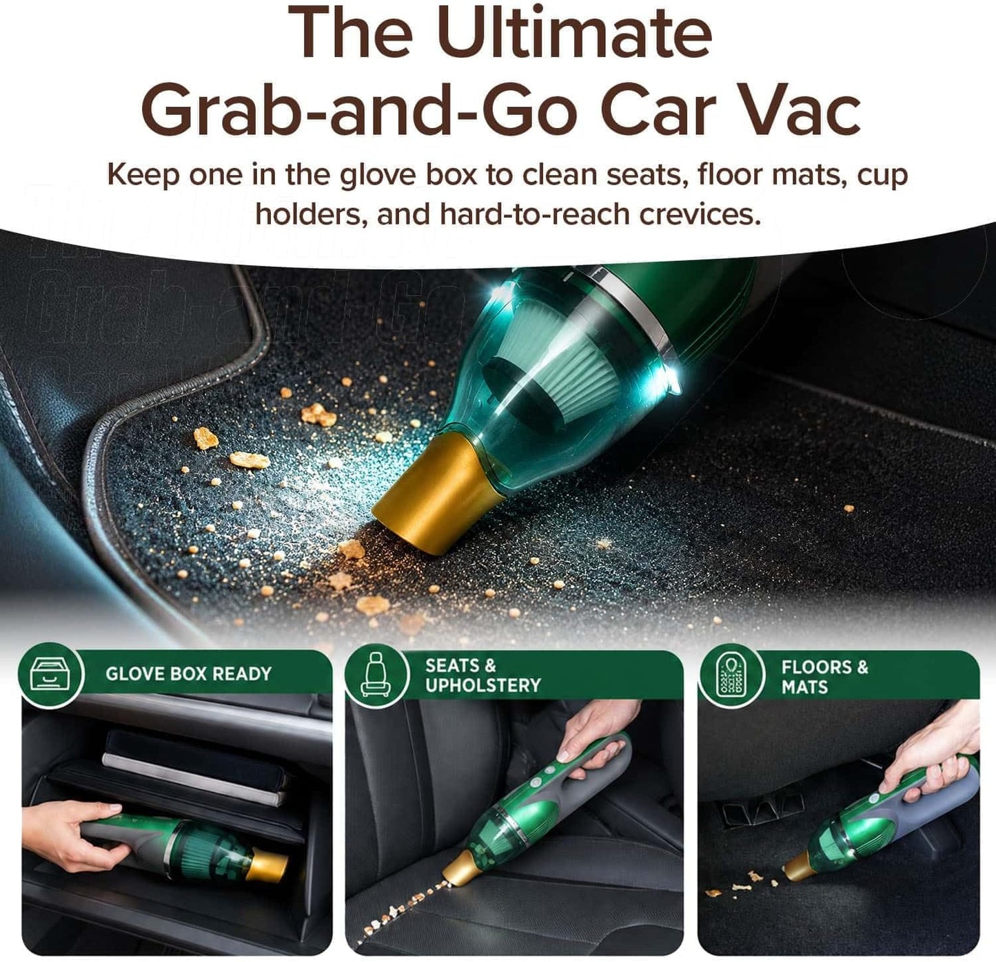 The Quack Attack handheld vacuum quickly picks up crumbs and pet hair from car seats, upholstery, floors, and mats—including the glove box. Text highlights Quack Attack as the ultimate grab-and-go cordless vacuum for cars.