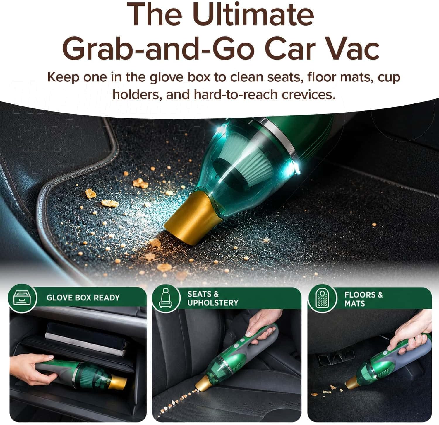 The Quack Attack handheld vacuum quickly picks up crumbs and pet hair from car seats, upholstery, floors, and mats—including the glove box. Text highlights Quack Attack as the ultimate grab-and-go cordless vacuum for cars.