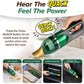 Hand holding a compact green and gray Quack Attack cordless vacuum with a gold nozzle; text highlights the Turbo Quack Button for extra suction, and images show this powerful handheld vacuum cleaning rugs, tackling pet hair, being conveniently stored, and used in a car.