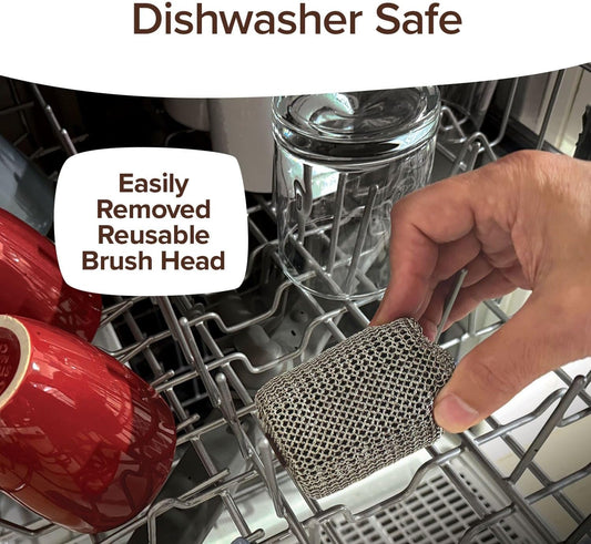 A hand holds a Horsepower Giddy Up chainmail cleaning scrubber inside a dishwasher rack, with text overlays stating Dishwasher Safe and Easily Removed Reusable Brush Head.