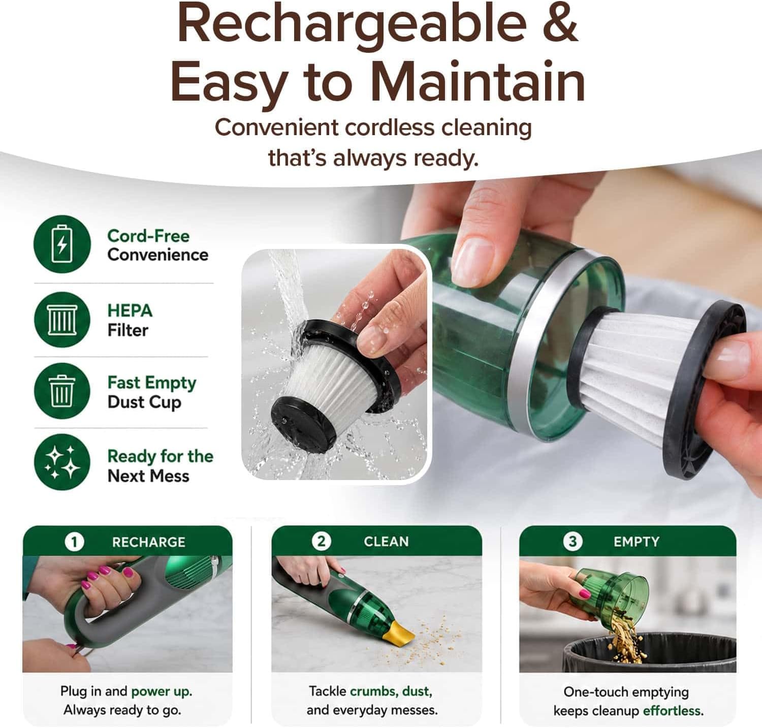 A person recharges, cleans, and empties the Quack Attack handheld cordless vacuum with a HEPA filter. Icons highlight its cord-free convenience, advanced HEPA filtration, quick-empty feature, and easy maintenance—making it perfect as a pet hair cleaner—with clear text instructions and images for guidance.