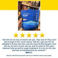 A hand holds a blue Calming Sleep (Includes 30 Packs) cat toy package. Below are five yellow stars and a review praising the Calming Sleep toy’s durability and its appeal to multiple cats and a child. Shelves with assorted items are visible in the background.