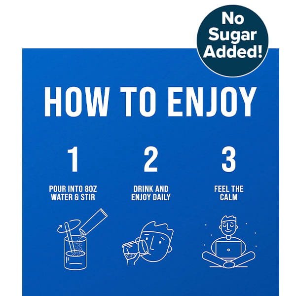 Blue graphic with "No Sugar Added!" in a circle at top right. Steps: 1. Pour Calming Sleep (Includes 30 Packs) into 8oz water & stir (with illustration), 2. Drink and enjoy daily (person drinking), 3. Feel the calm with soothing ashwagandha and magnesium glycinate (person meditating).