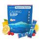 A blue bag labeled "Calming Sleep (Includes 30 Packs)" calming drink mix in Raspberry Lemonade flavor is displayed alongside raspberries, lemon, and two single-serve packets. The packaging highlights magnesium glycinate and ashwagandha as key ingredients for restful relaxation.