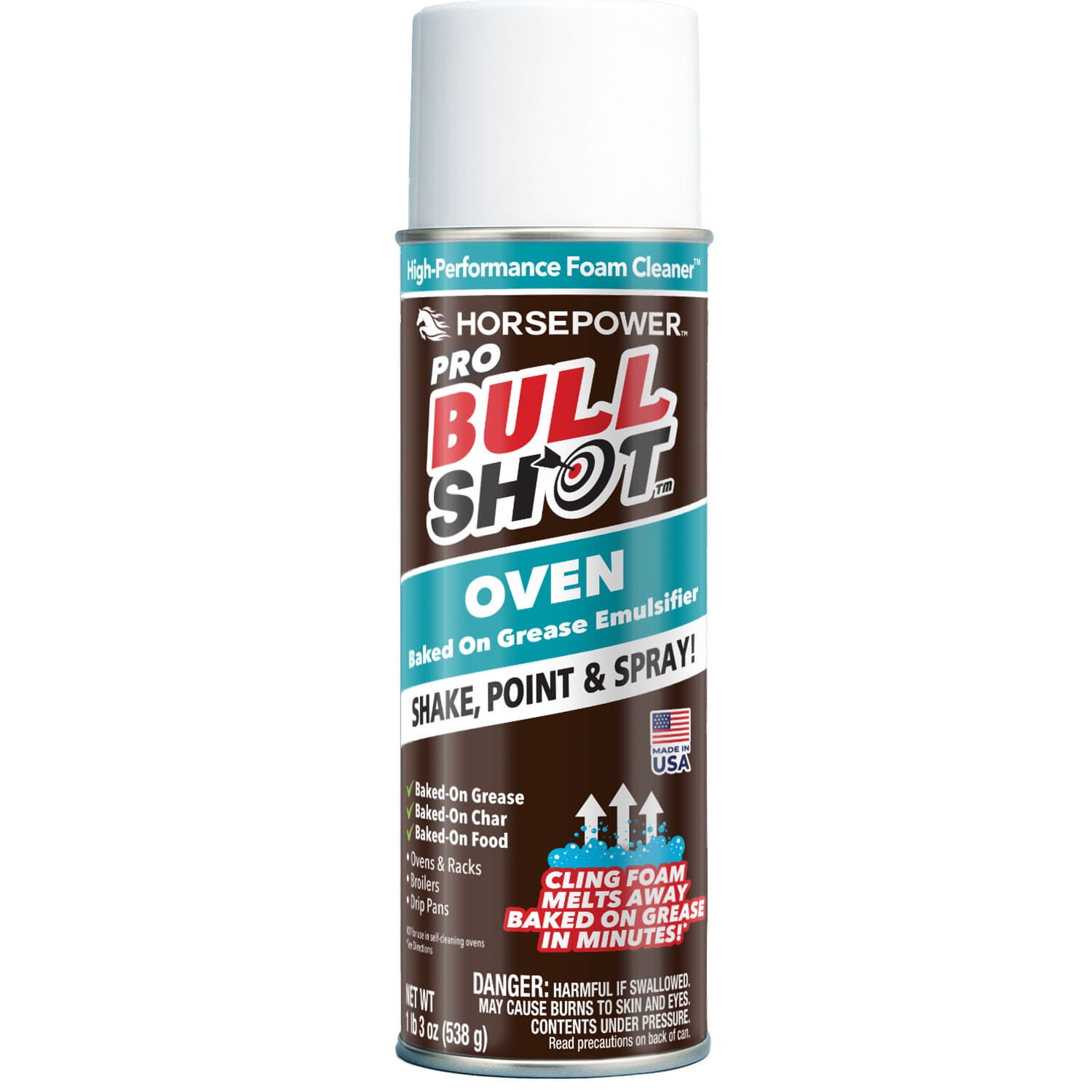 A can of Bull Shot Oven with a white cap and a brown, blue, and white label displays bold red and white text with icons showcasing its grease-melting, high-performance foam cleaning power.