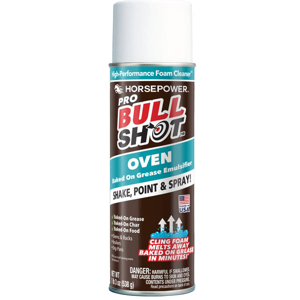 A can of Bull Shot Oven with a white cap and a brown, blue, and white label displays bold red and white text with icons showcasing its grease-melting, high-performance foam cleaning power.