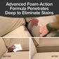 A hand cleans a red stain on a beige couch with Horsepower Bull Shot foam cleaner. Images show scrubbing, foam on the stain, and spotless results. Text: Horsepower Bull Shot's Advanced Foam-Action Formula Penetrates Deep to Eliminate Stains.