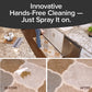 A person sprays Horsepower Bull Shot on a kitchen rug; the image shows a before close-up with a visible stain and an after close-up with the stain removed. Text above reads: Innovative Hands-Free Cleaning—Just Spray It On.