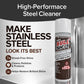A can of Bull Shot Stainless Steel rests on a polished metal surface. Text highlights its streak-free shine, powerful appliance cleaning, polishing action, protective properties, and ability to restore brilliance.