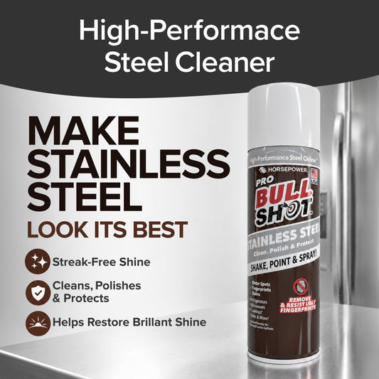 A can of Bull Shot Stainless Steel rests on a polished metal surface. Text highlights its streak-free shine, powerful appliance cleaning, polishing action, protective properties, and ability to restore brilliance.