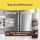 A stainless steel fridge displays Before (with fingerprints, grease, water spots) and After (shiny) cleaning results using Bull Shot Stainless Steel cleaner, shown in the foreground.