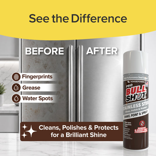 A stainless steel fridge displays Before (with fingerprints, grease, water spots) and After (shiny) cleaning results using Bull Shot Stainless Steel cleaner, shown in the foreground.