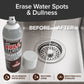 Bull Shot Stainless Steel cleaner before-and-after: the left, with Bull Shot Stainless Steel, displays a dirty sink drain with water spots; the right reveals a sparkling clean finish. The product bottle appears on the left.