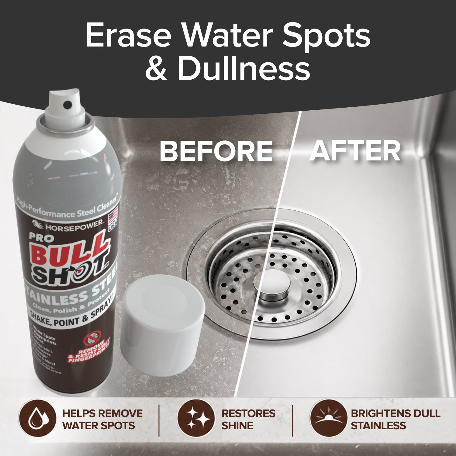 Bull Shot Stainless Steel cleaner before-and-after: the left, with Bull Shot Stainless Steel, displays a dirty sink drain with water spots; the right reveals a sparkling clean finish. The product bottle appears on the left.