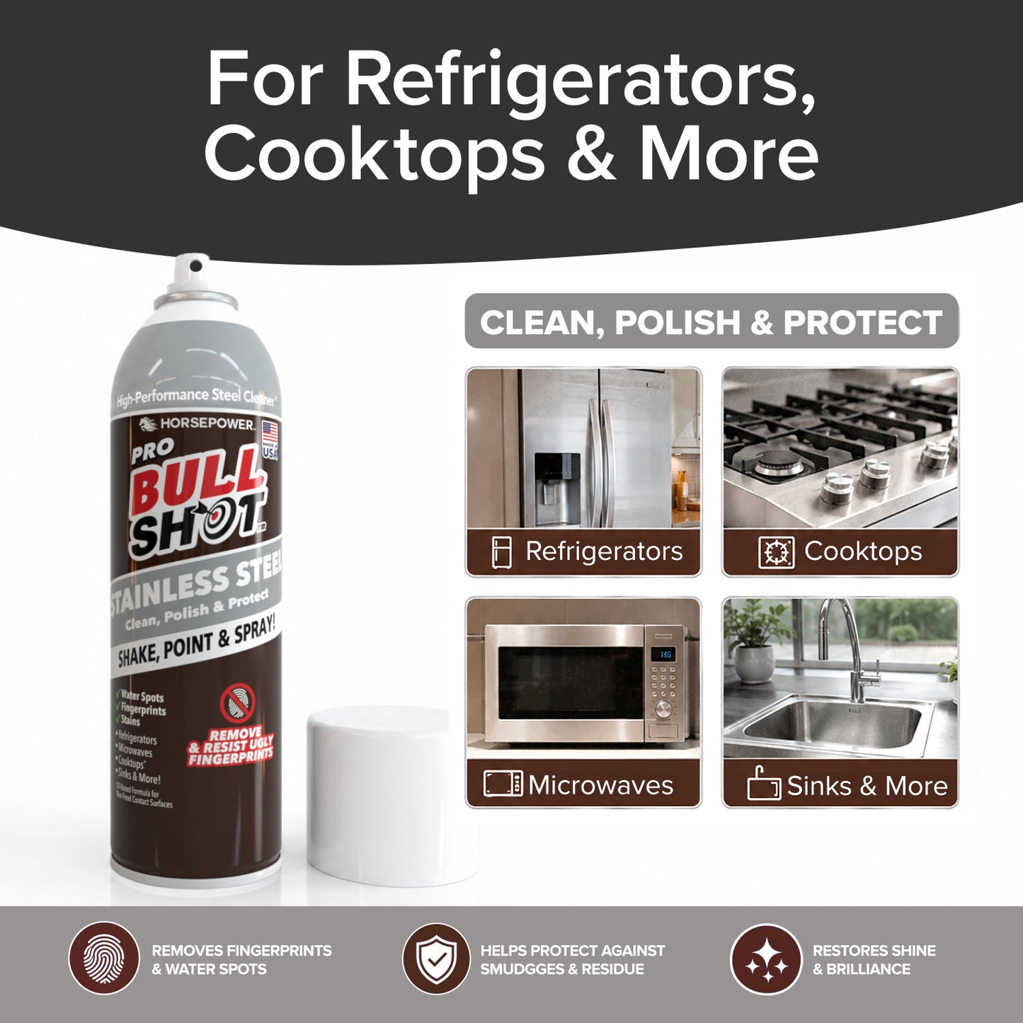 A can of Bull Shot Stainless Steel is pictured beside a cap, with text highlighting its streak-free cleaning for refrigerators, cooktops, microwaves, and sinks, plus icons showing fingerprint removal and shine restoration.