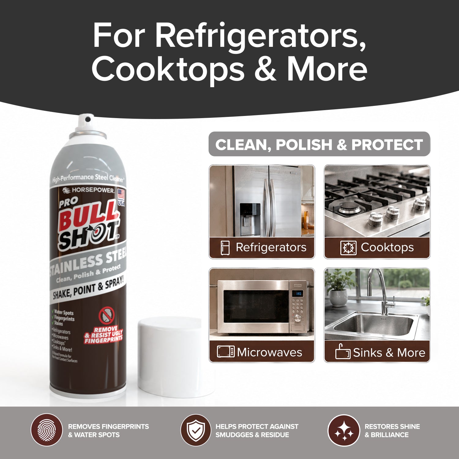 A can of Bull Shot Stainless Steel is pictured beside a cap, with text highlighting its streak-free cleaning for refrigerators, cooktops, microwaves, and sinks, plus icons showing fingerprint removal and shine restoration.